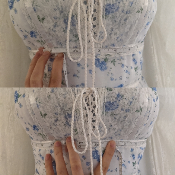 Gunne Sax White Sheer Pillow Sleeve Corset Lace Up Blue Floral Prairie Dress - Picture 13 of 16